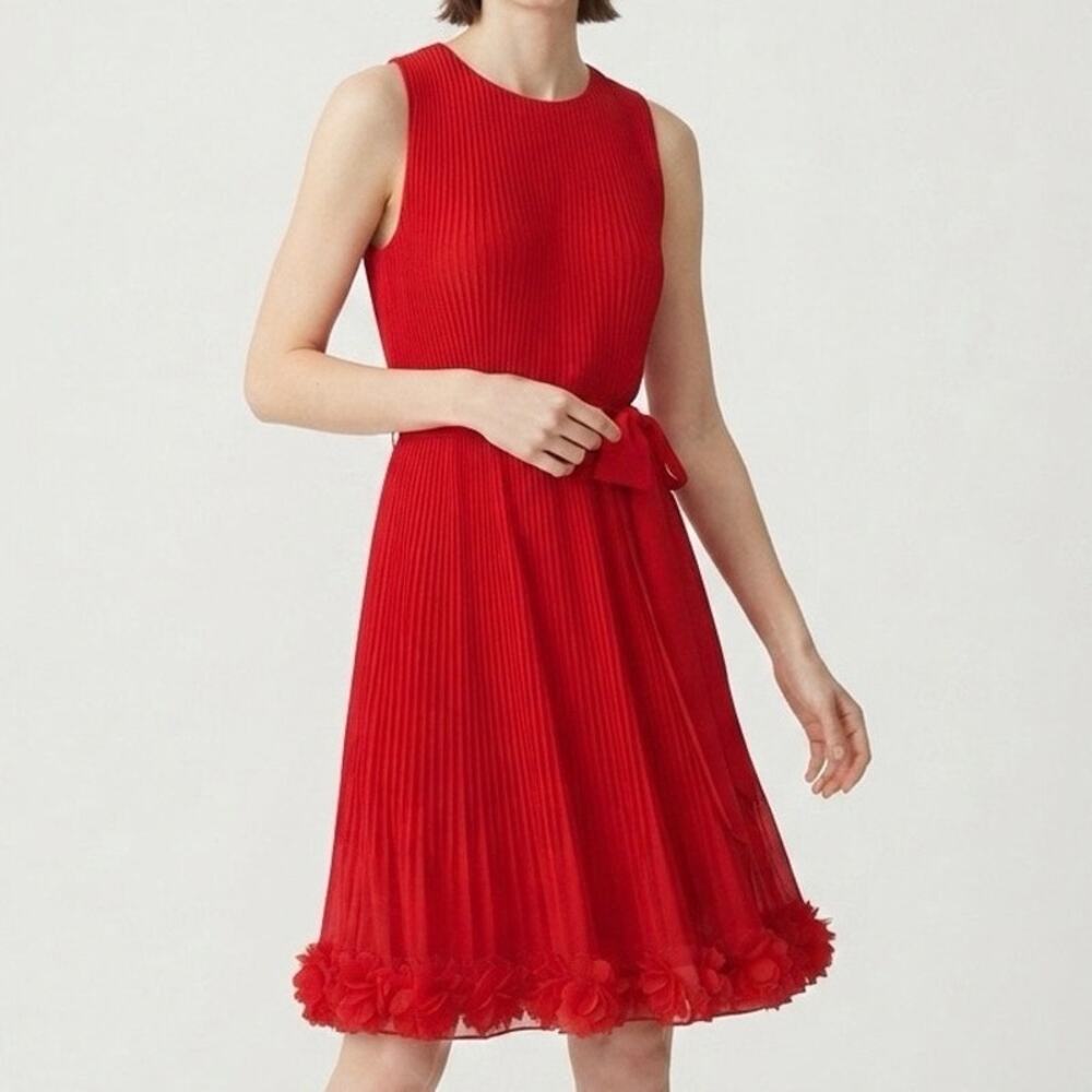 Alex Marie Red Pleated Chiffon 3D Flower Midi Dress Sleeveless Belted Size 8